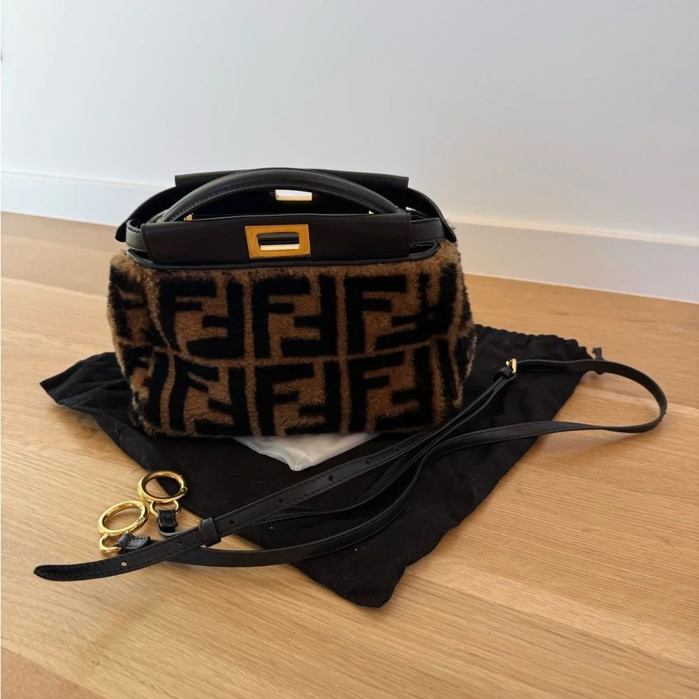 Fendi Brown & Black Faux Fur Mini Peekaboo Bag with Gold Hardware - Picture 6 of 8